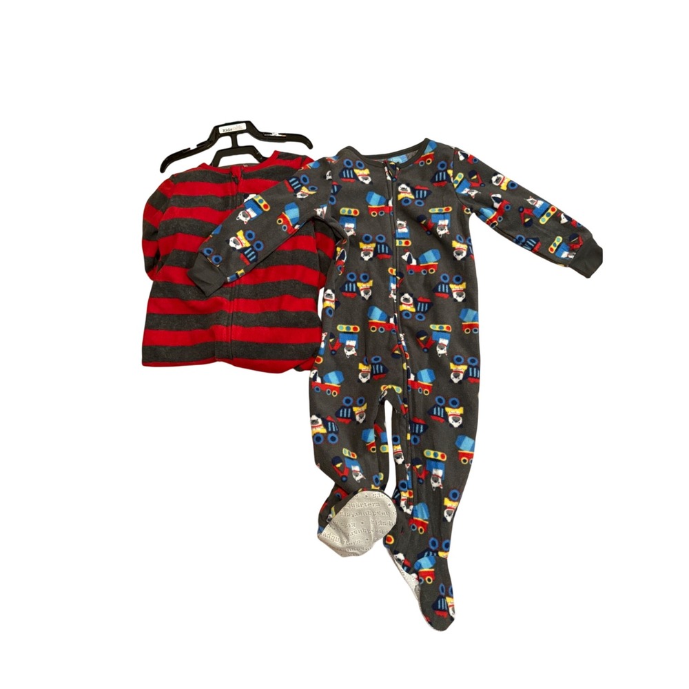 Kids Headquarters 2Pk Fleece Footed Pajamas Red Grey Stripe Construction Dog 18M